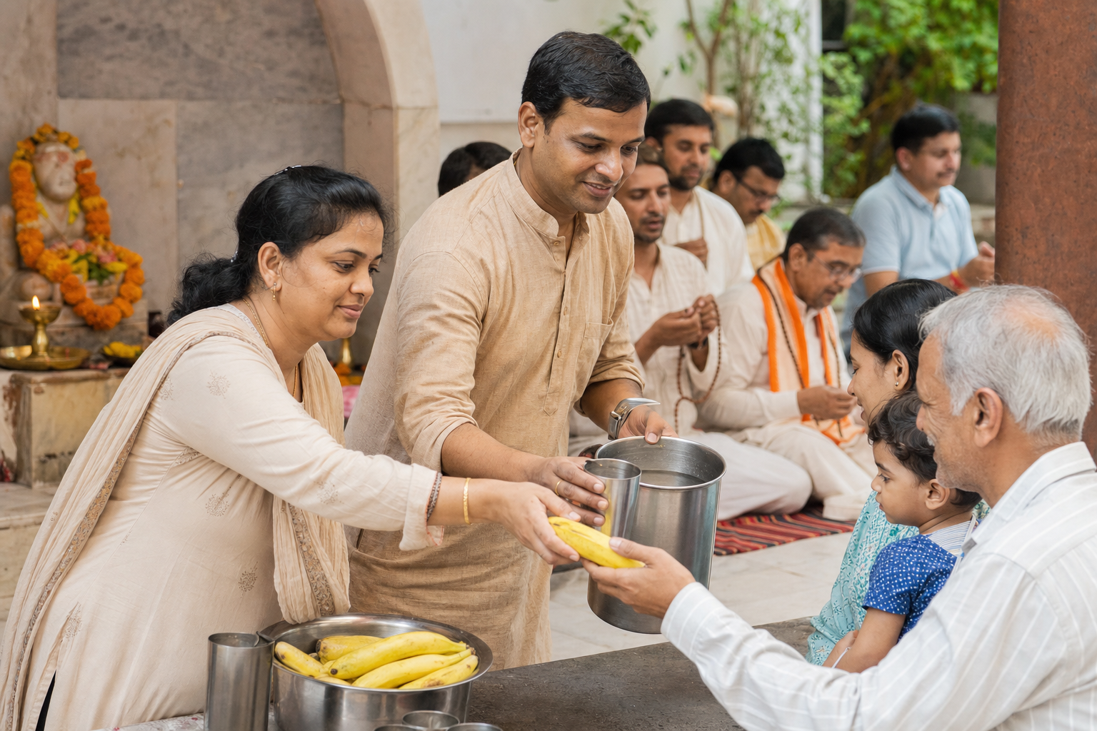 Volunteers distribute bananas and drinking water in a temple courtyard while a small group sits in devotional recitation nearby.