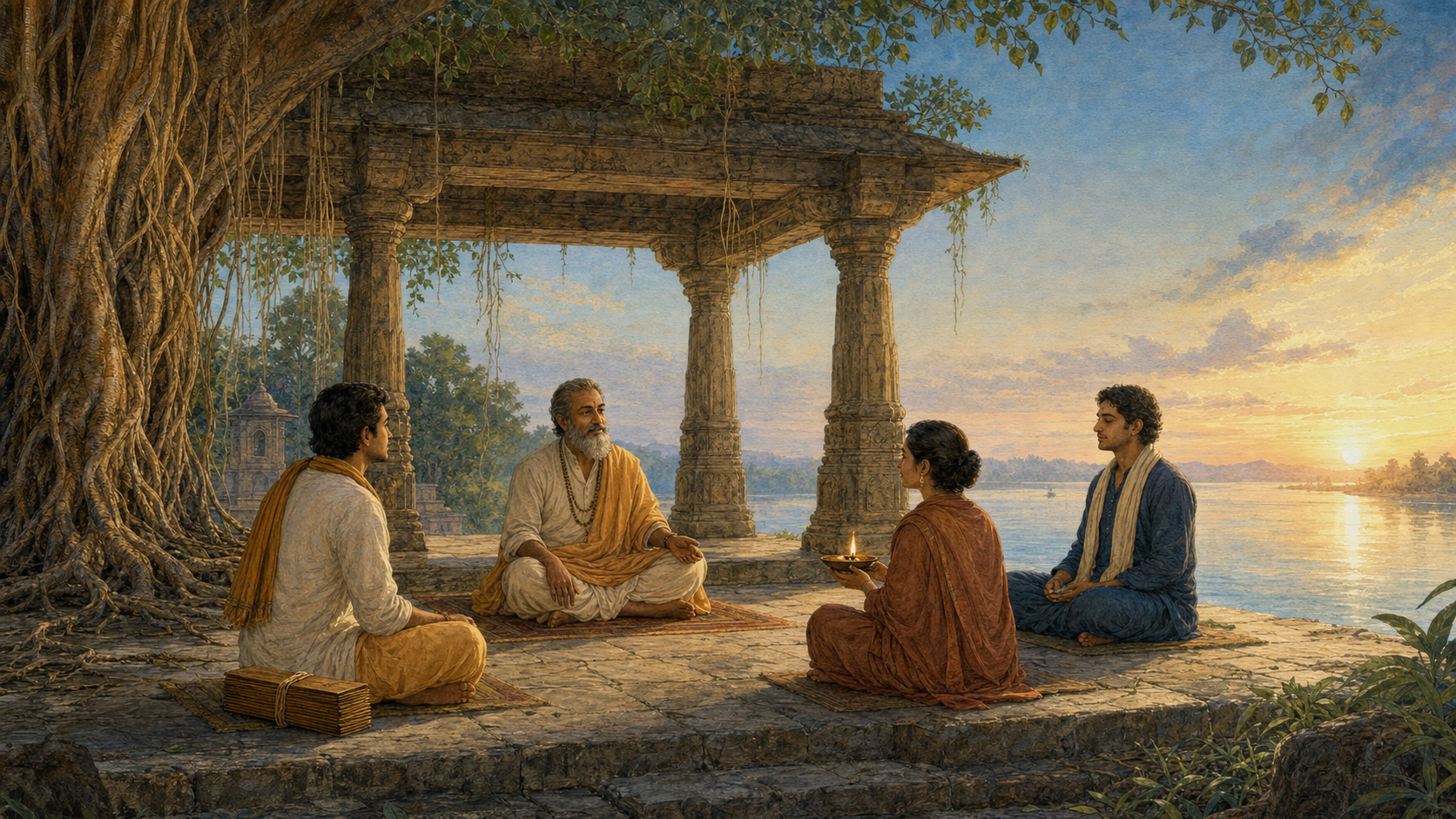 A teacher and three adult seekers study, hold an oil lamp, and meditate in a riverside pavilion beneath a banyan tree at dawn.