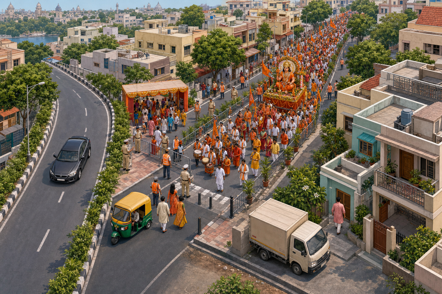 An isometric Hyderabad street scene shows a through-driver using an outer road, devotees approaching the procession on foot, and a resident reaching a nearby home.