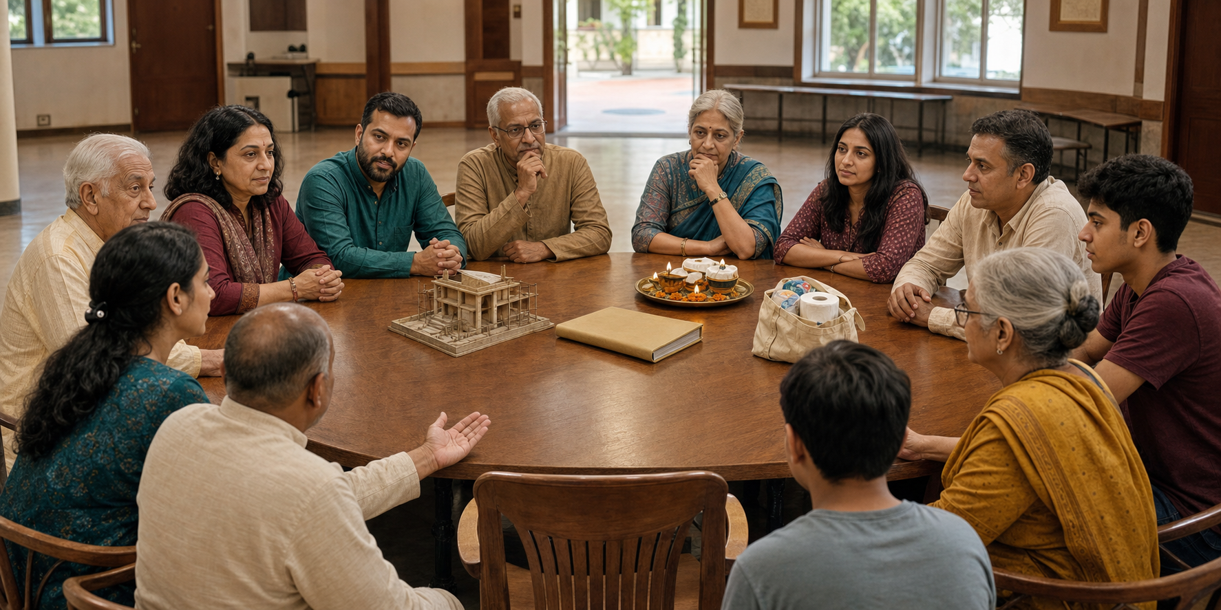 Trustees, volunteers, elders and younger community members discuss several competing needs around a round table in a modest Dharmic community hall.