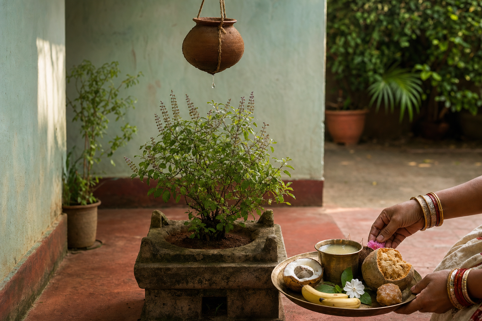 An earthen pot drips water over a sacred basil plant beside a brass tray containing bela pana, fruit, coconut, jaggery, and flowers.