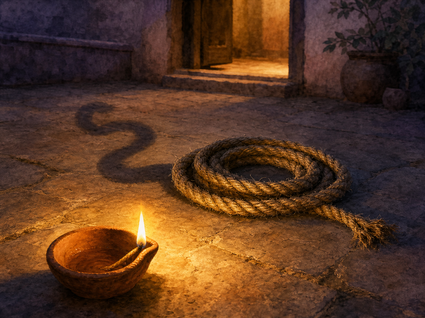 An oil lamp illuminates a coiled rope in a twilight courtyard while its fading shadow resembles a snake.