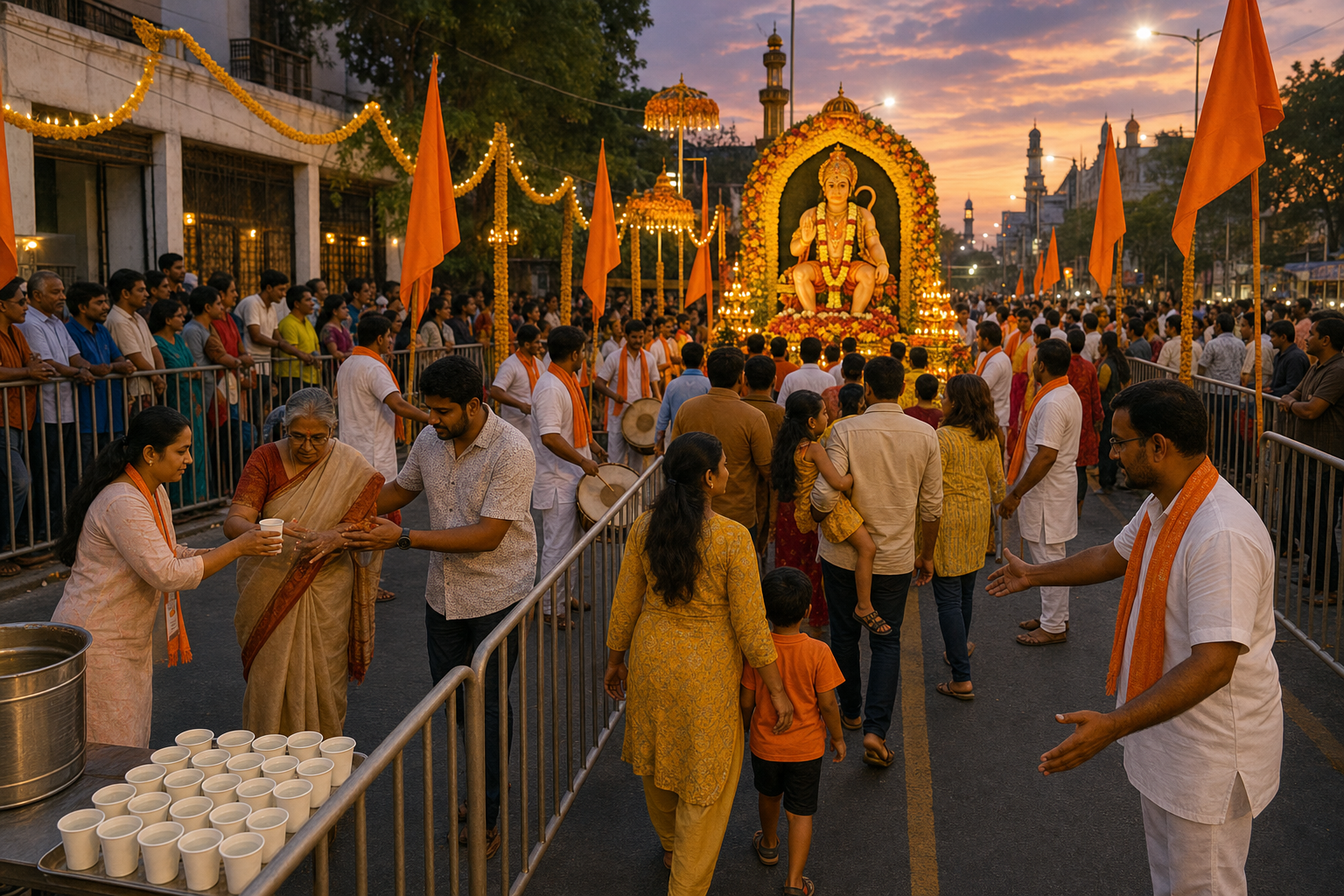 Devotees enter a Hyderabad Hanuman Jayanti procession through a volunteer-managed access point while families remain behind barriers and an emergency passage stays clear.