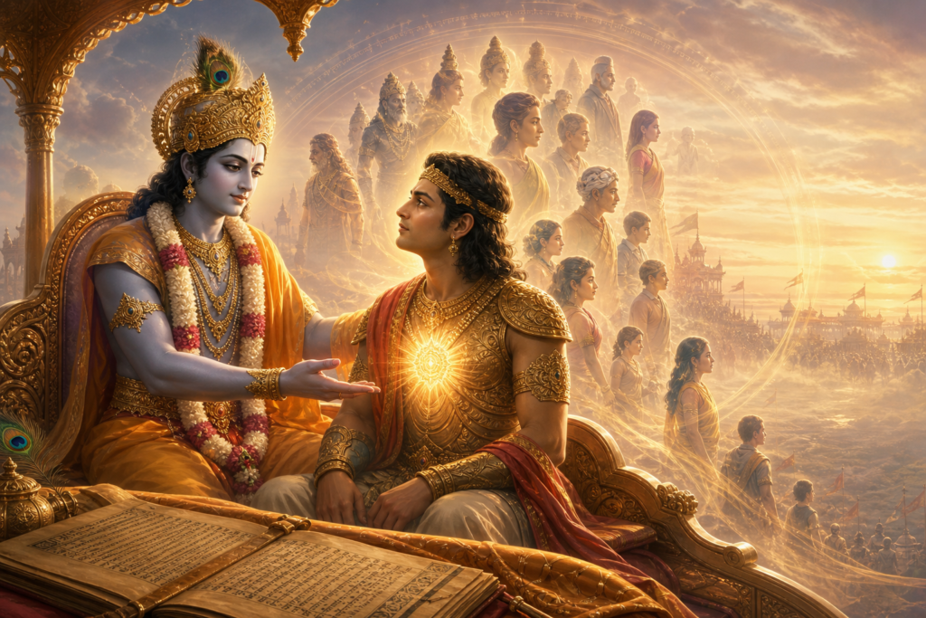 Lord Krishna teaching Arjuna about the eternal atman in a radiant Kurukshetra chariot scene