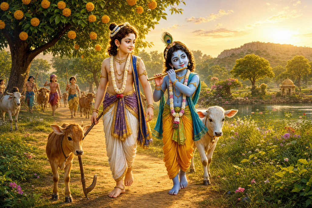 Young Balarama watches over Krishna playing flute in Vrindavan pastures with calves at sunrise.