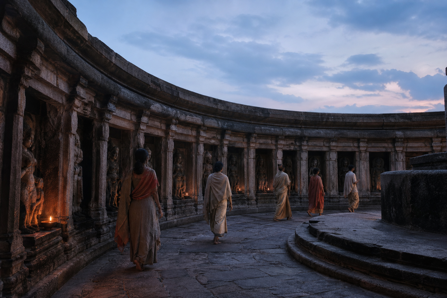 Several people walk along the curved interior path of an open-air stone sanctuary lined with sculptural niches and small lamps.