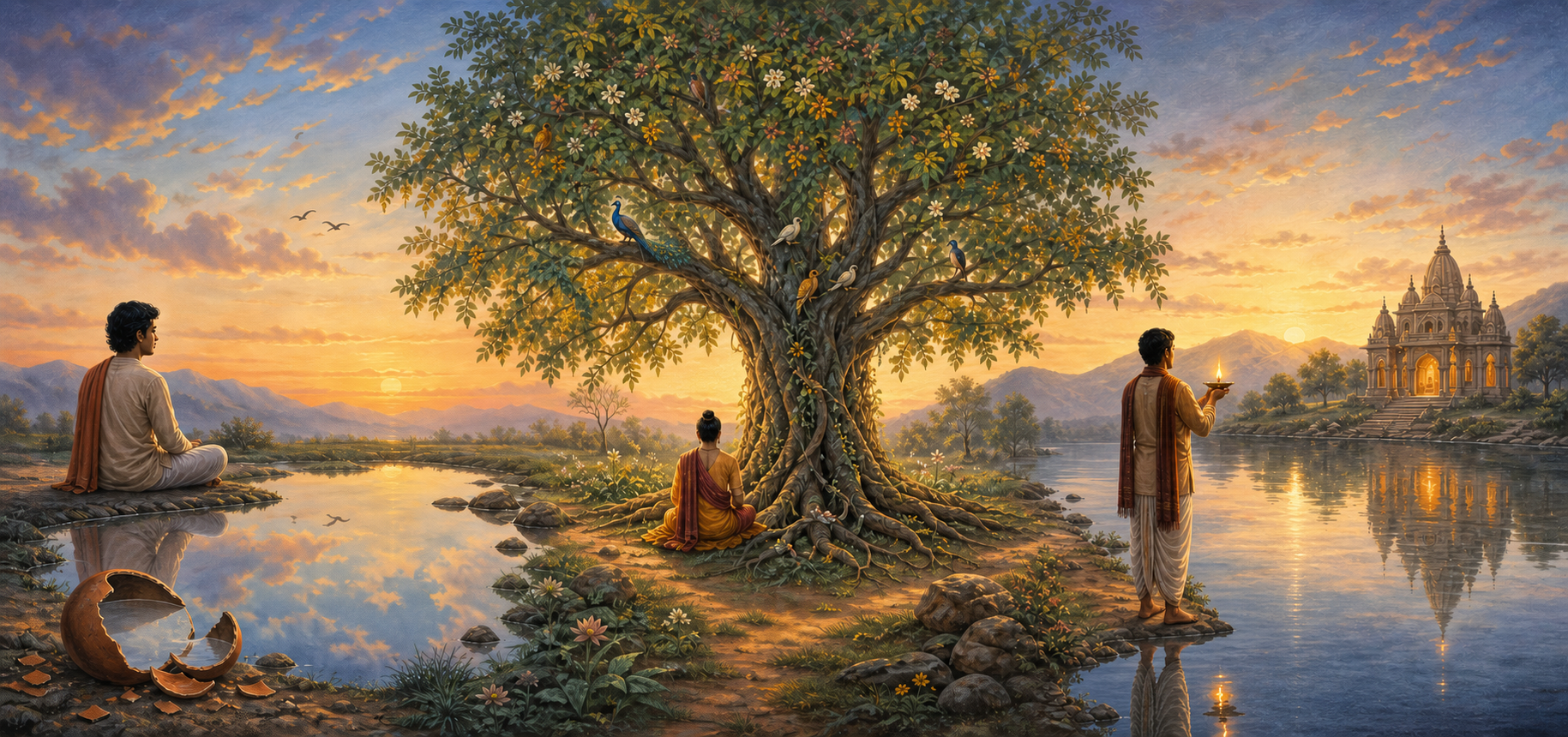 Three adjacent dawn scenes show a seeker beside a reflecting pool, a devotee beneath a many-branched tree, and a worshipper holding a lamp toward a sanctuary across a river.