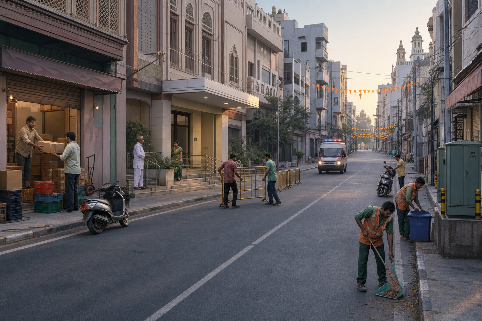 Shopkeepers, residents, sanitation workers, and volunteers clear a Hyderabad street and preserve building and emergency access before a Hanuman Jayanti procession arrives.