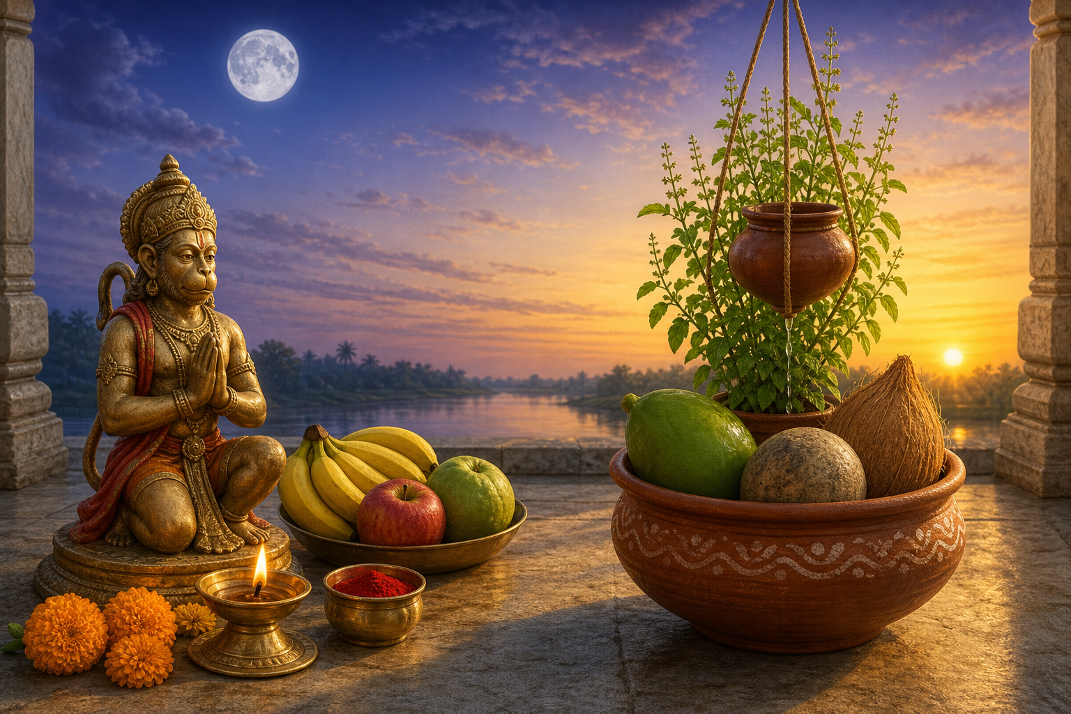 A brass Hanuman murti, oil lamp, marigolds, earthen pana drink, fruit, and a hanging clay water pot arranged beneath a fading full moon and rising sun.