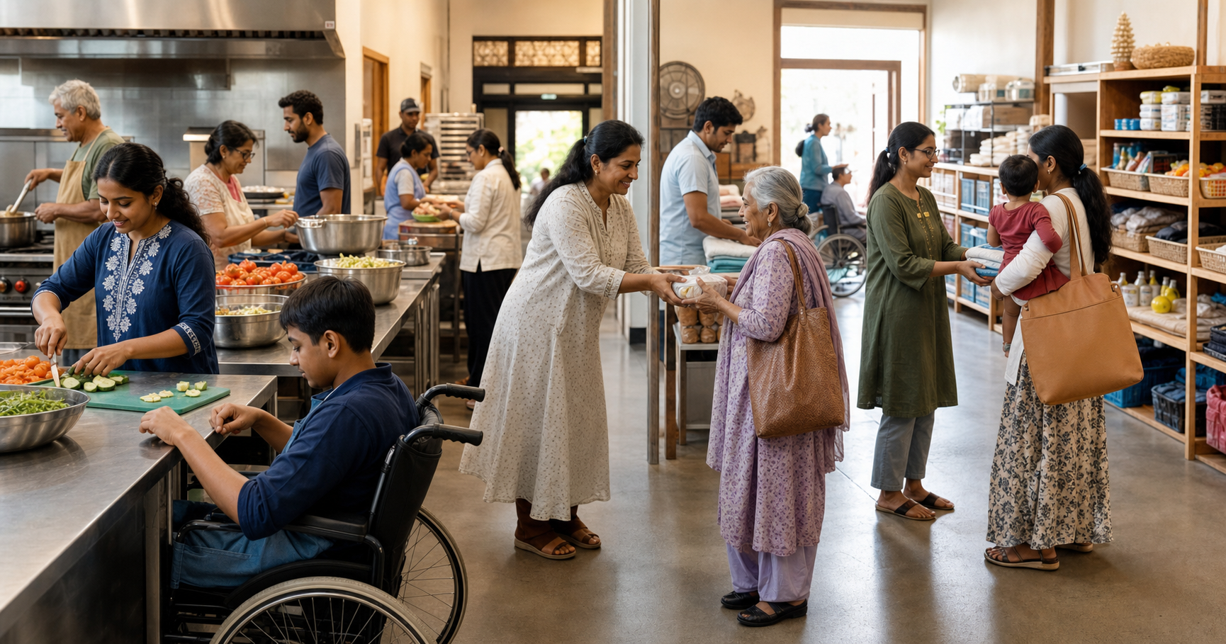 Volunteers and staff prepare meals and care supplies while welcoming community members in an accessible service space.