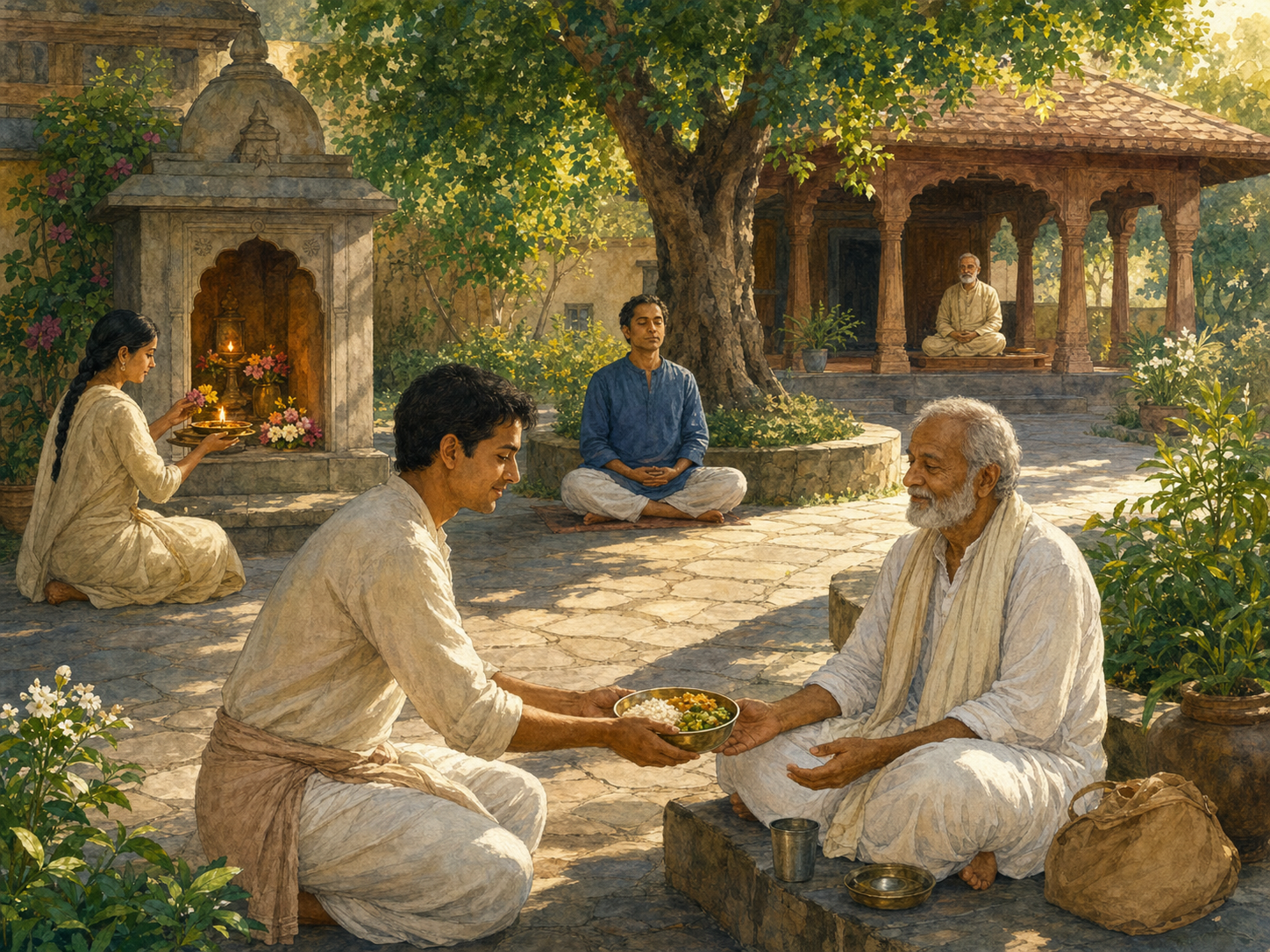 People in an ashram courtyard serve a meal, offer flowers and a lamp, meditate beneath a tree, and approach a waiting teacher.