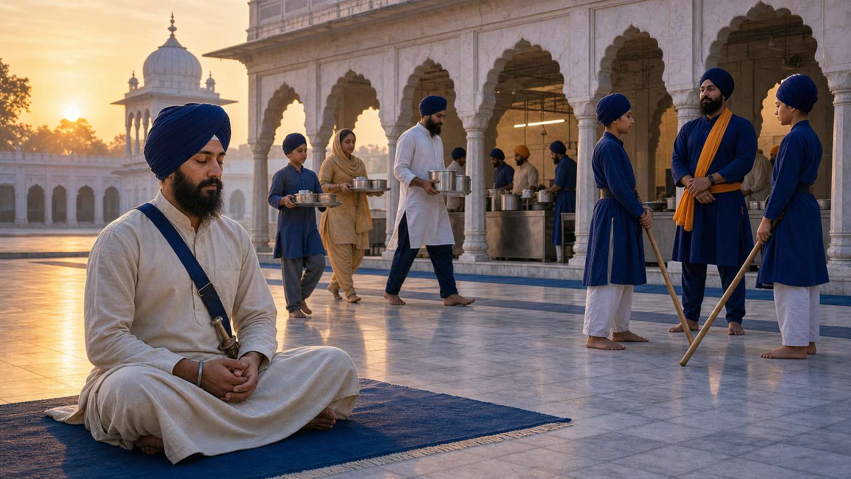 A Sikh practitioner meditates in a gurdwara courtyard while langar volunteers work and martial arts students rest with lowered training staffs in the background.