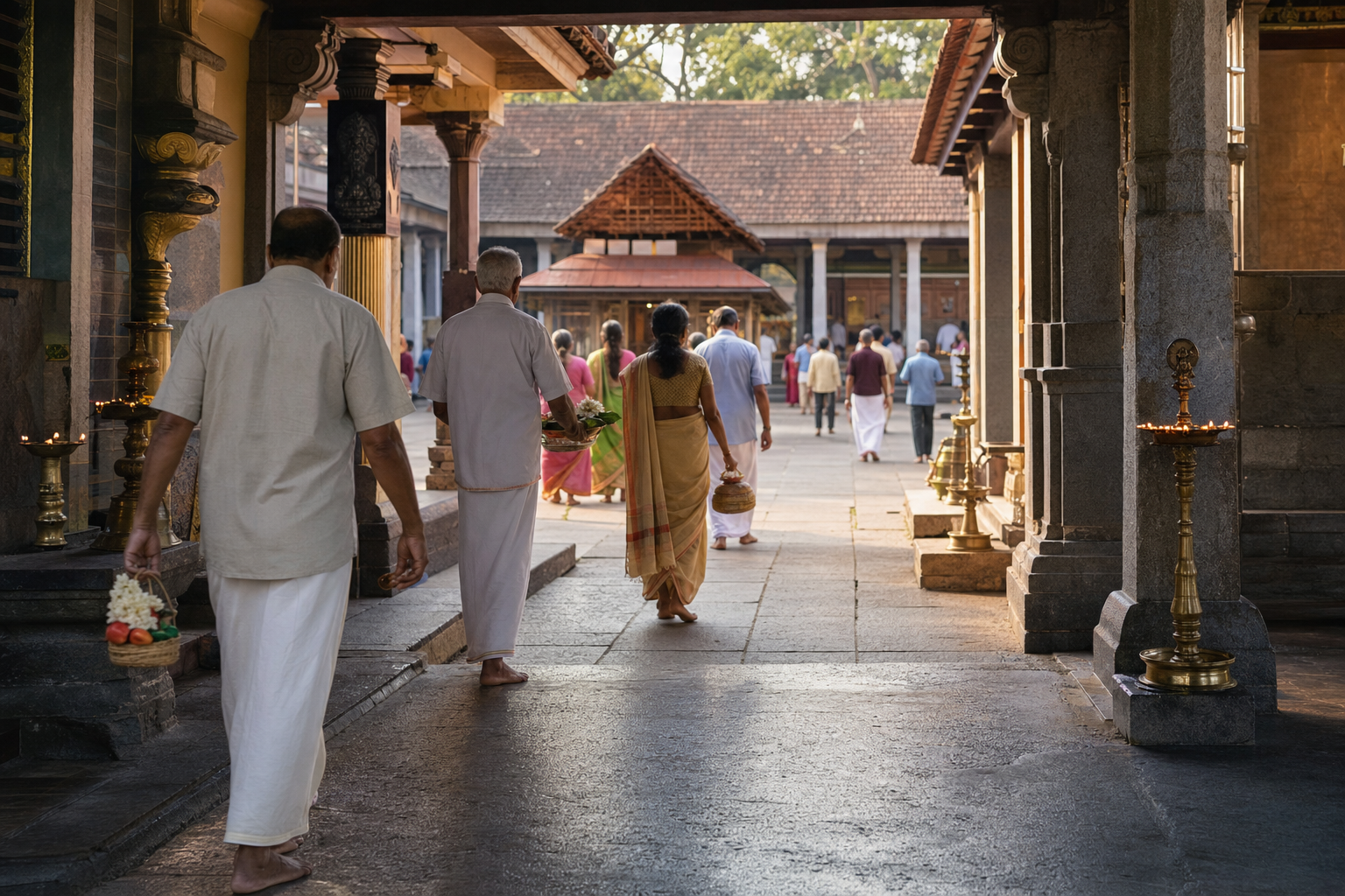 Barefoot pilgrims carrying flowers and coconuts move through a sequence of covered passages and courtyards in the temple complex.
