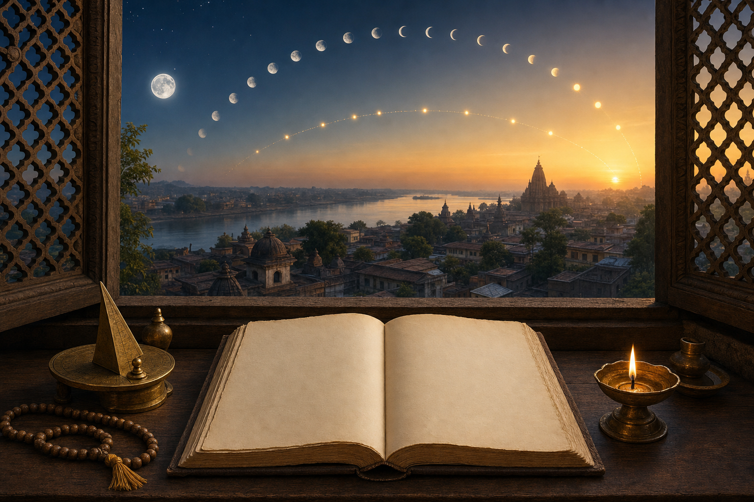 A blank traditional almanac, prayer beads, brass instrument, and oil lamp sit by a window overlooking a temple town between a setting full moon and sunrise.
