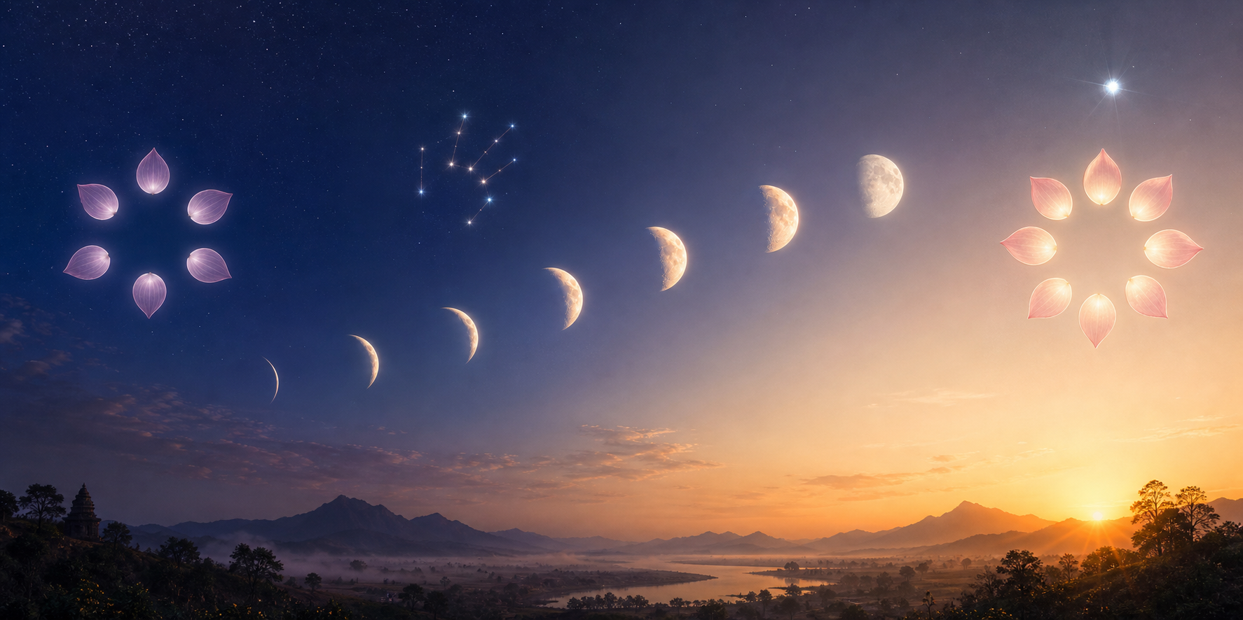 A panoramic sky shifts from predawn to morning as a waxing Moon passes between two distinct star groupings above lotus-petal motifs.