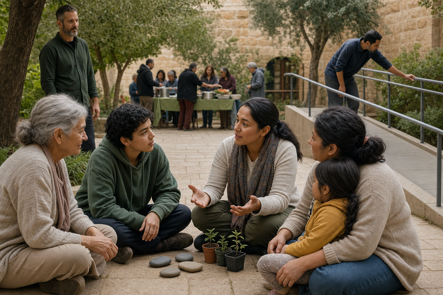 A coordinator listens to an older adult, a student and a caregiver in a courtyard while simple stones and seedlings represent program outcomes.