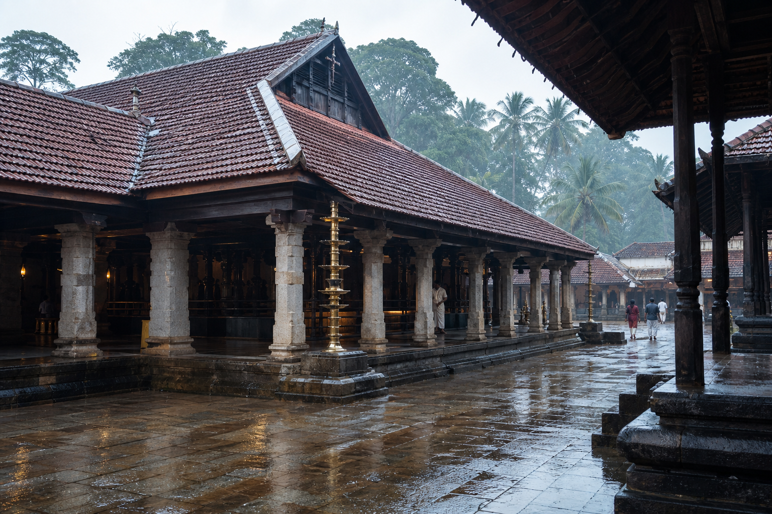A rain-cooled temple courtyard shows stone paving, columns, shaded passages, deep eaves, and sloping tiled roofs.