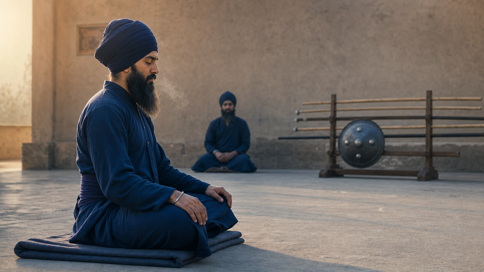 A turbaned Sikh practitioner meditates in a quiet courtyard at dawn while a sheathed kirpan and folded sash rest nearby.