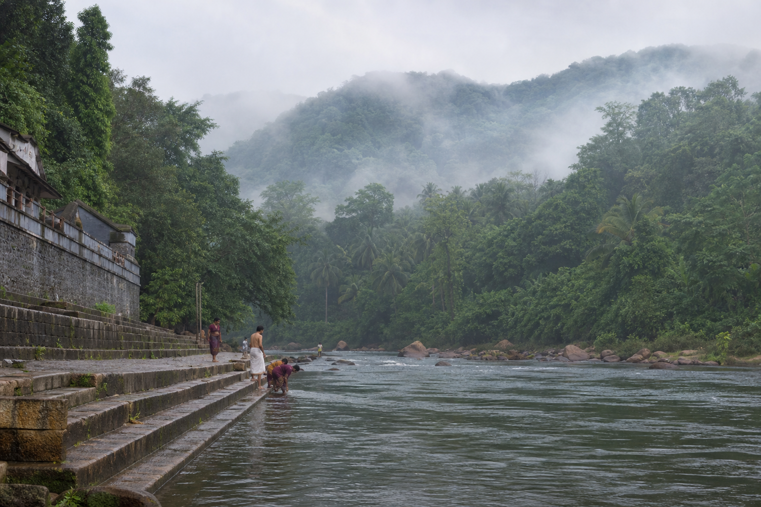 Stone bathing steps meet the Kumaradhara River as a few pilgrims pause beside water bordered by dense, misty forest.