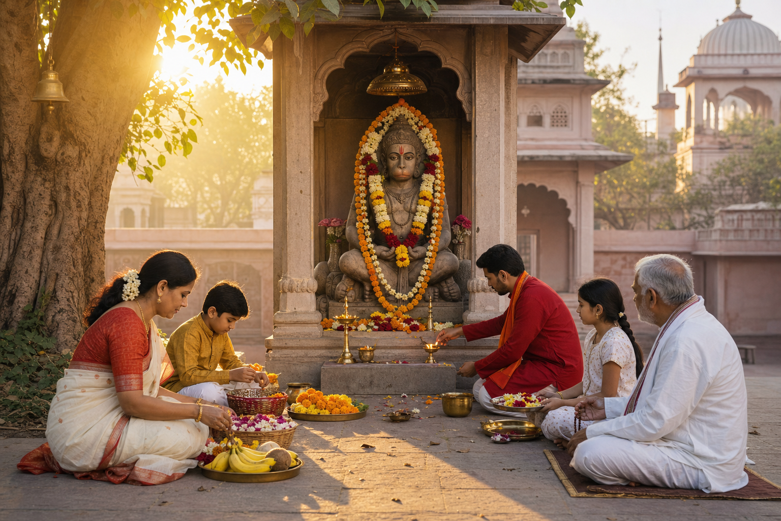 A multigenerational family arranges flowers, fruit, prayer beads, and oil lamps before a garlanded stone Hanuman murti in a temple courtyard.