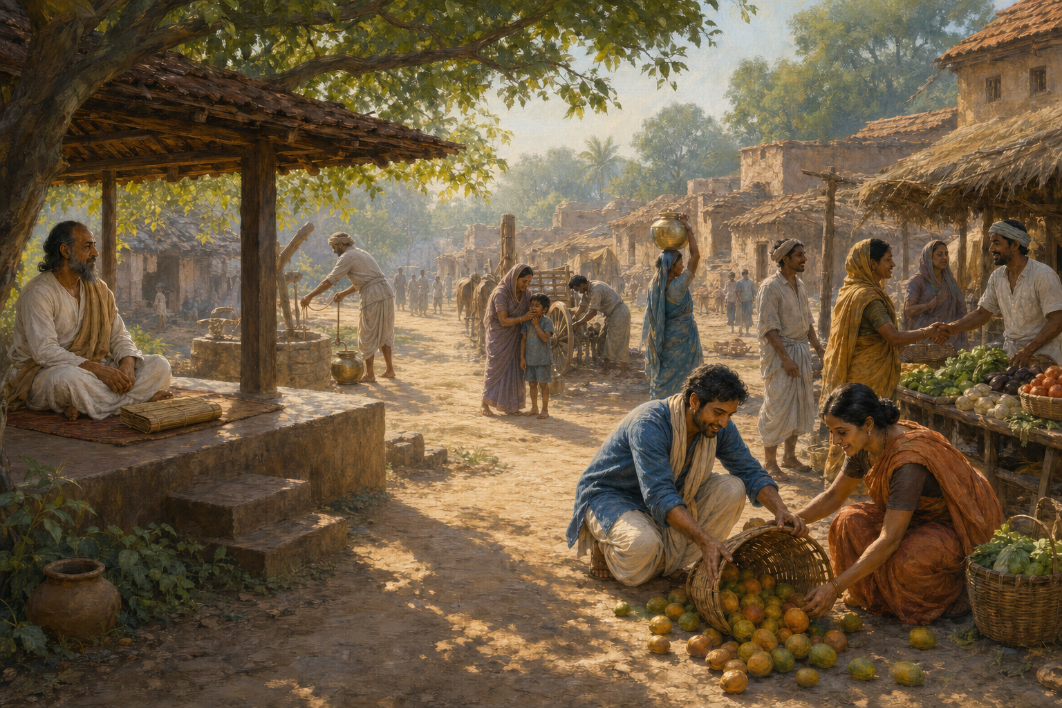 A student leaves a quiet teaching pavilion and helps villagers gather fruit from a tipped basket in a busy street.