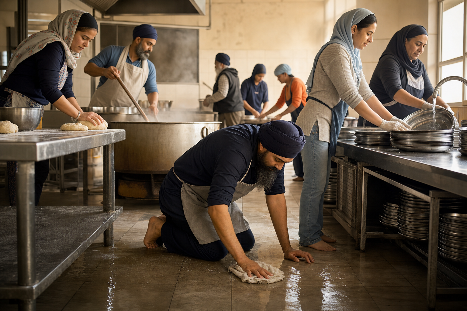 Volunteers of different ages and backgrounds prepare flatbread, stir food, wash dishes, and carry trays together in a langar kitchen.