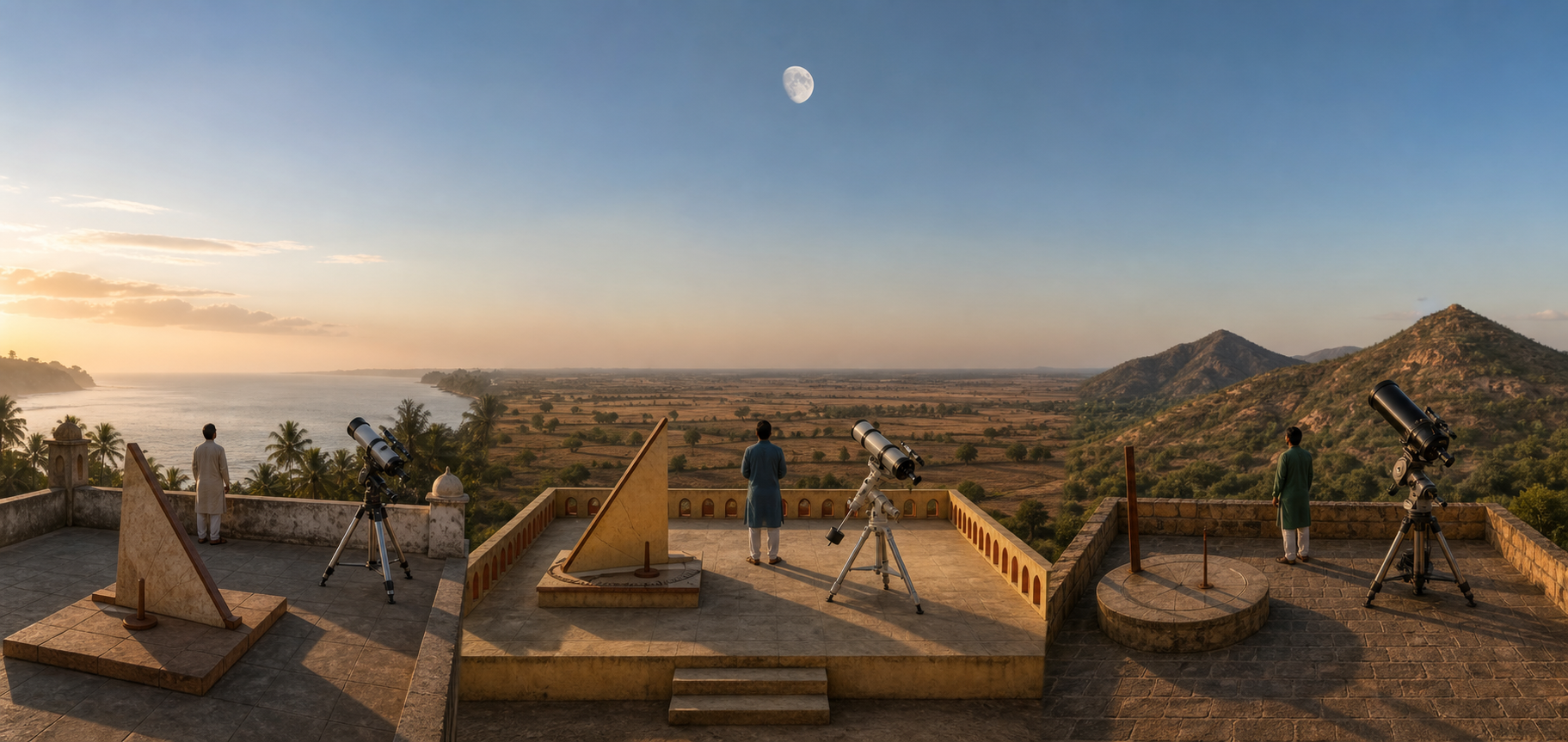 Three observatory terraces in coastal, plains, and hilly settings use instruments to observe the same Moon under different local conditions.