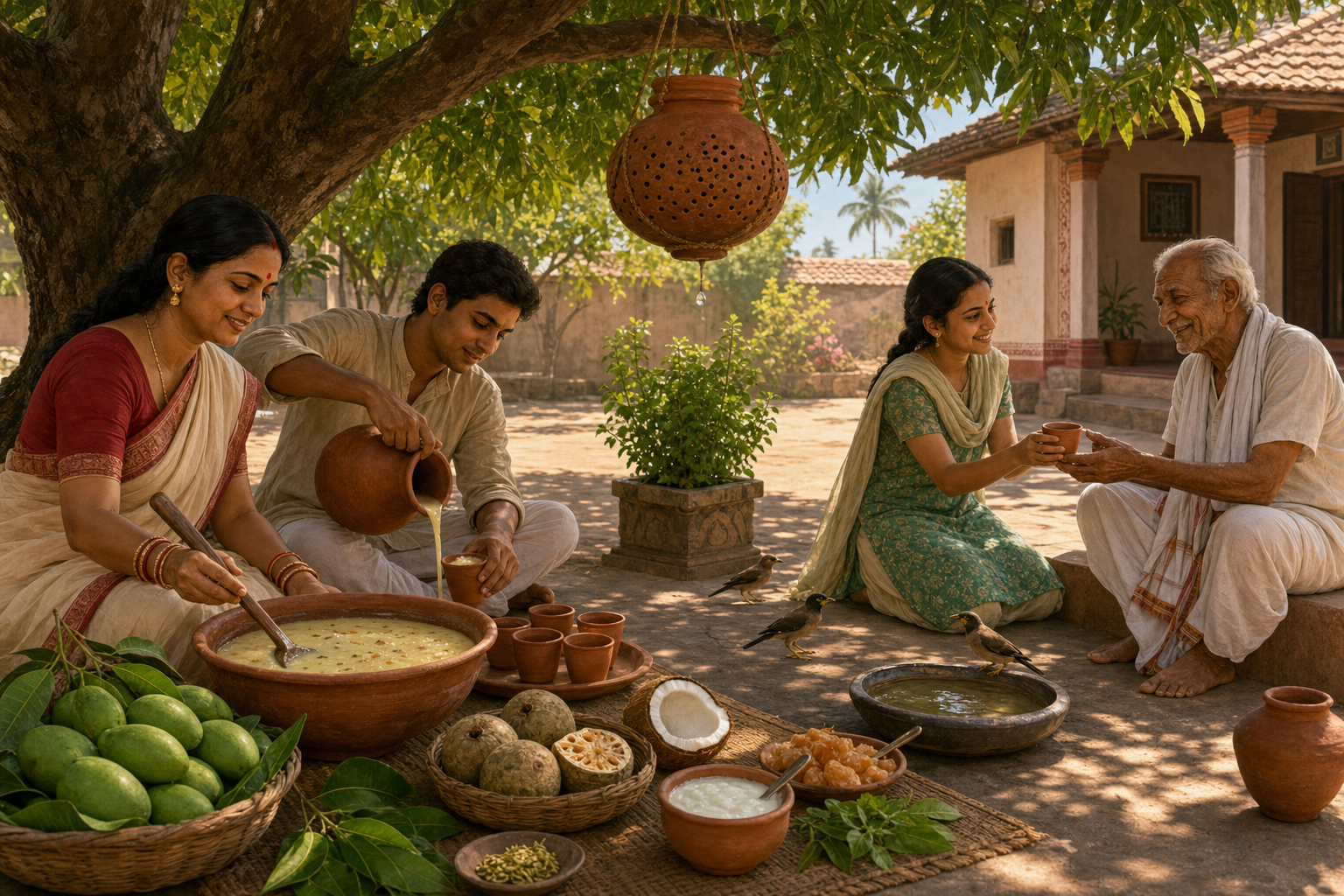 People prepare and share bela pana in clay cups beneath a mango tree, beside a hanging water pot dripping over a tulsi plant and a basin for birds.
