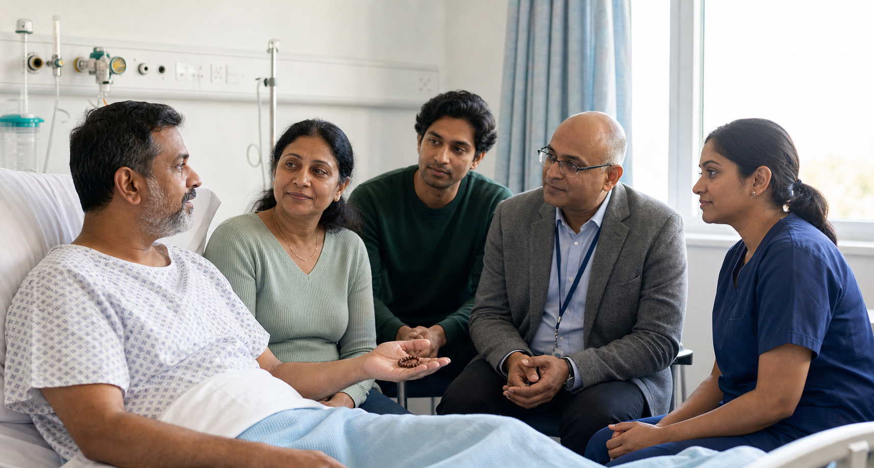 A Hindu chaplain listens to a hospital patient while family members and a nurse sit nearby.
