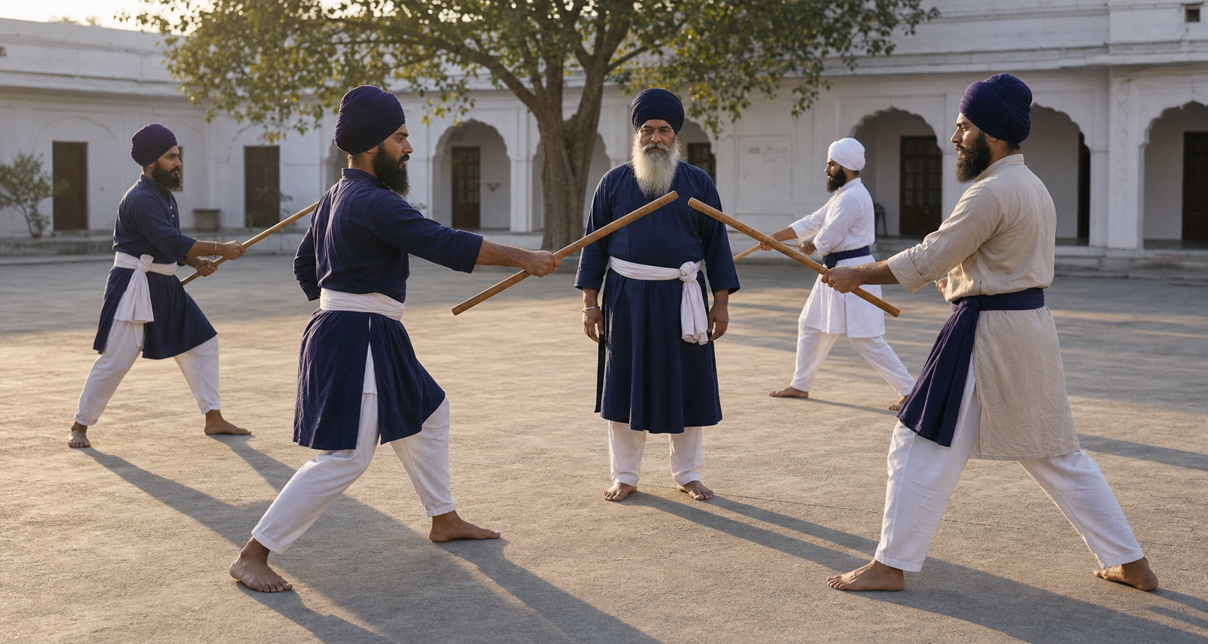Turbaned Sikh practitioners rehearse controlled gatka movements with wooden sticks while an instructor watches in an open courtyard.