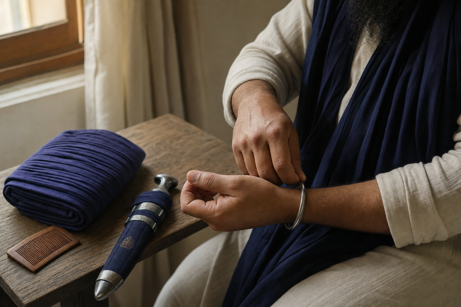A Sikh person gathers uncut hair and fastens a steel kara beside folded turban cloth, a wooden comb, and a sheathed ceremonial kirpan.