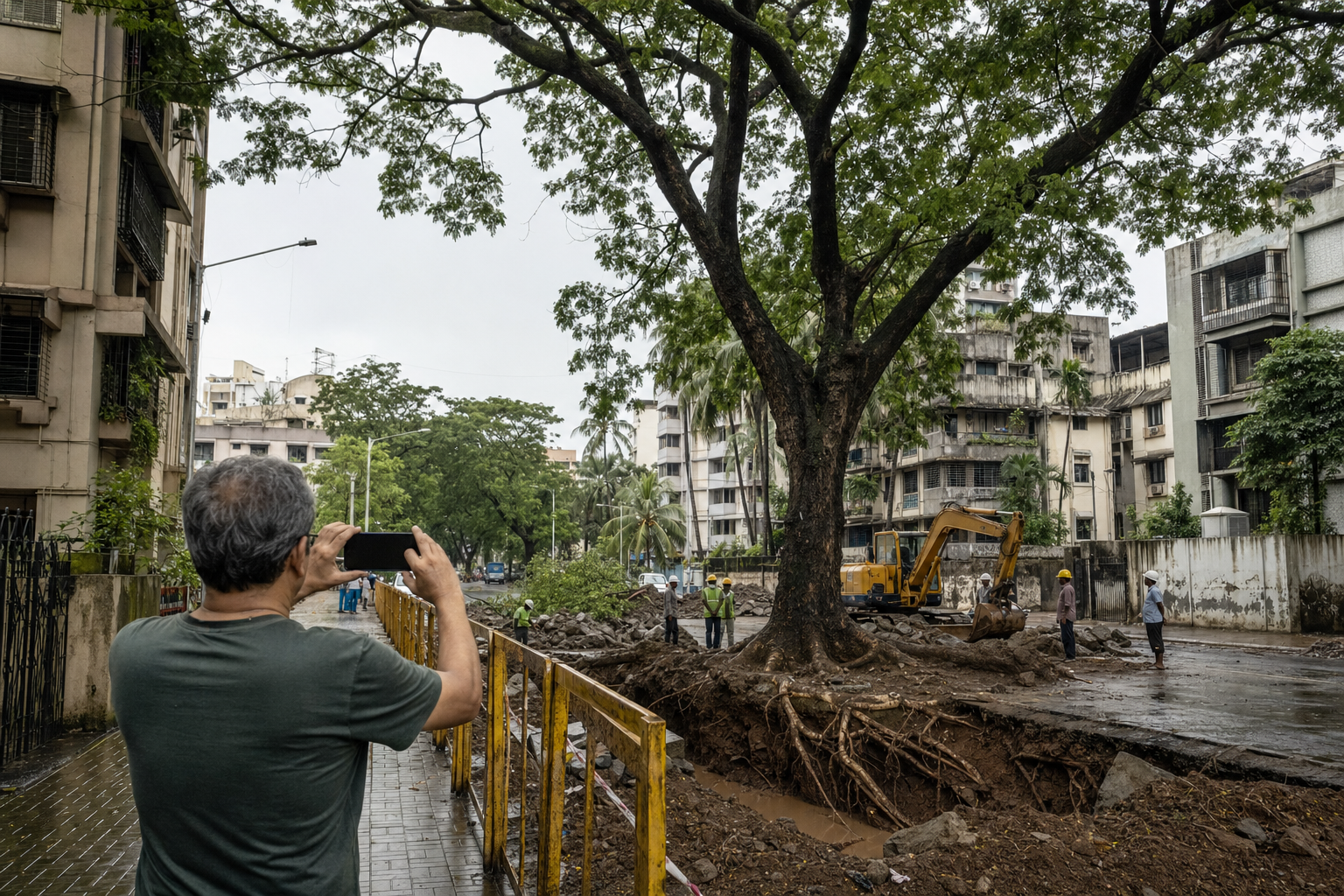 A Mumbai resident safely photographs a mature street tree with exposed roots beside an active roadwork trench.