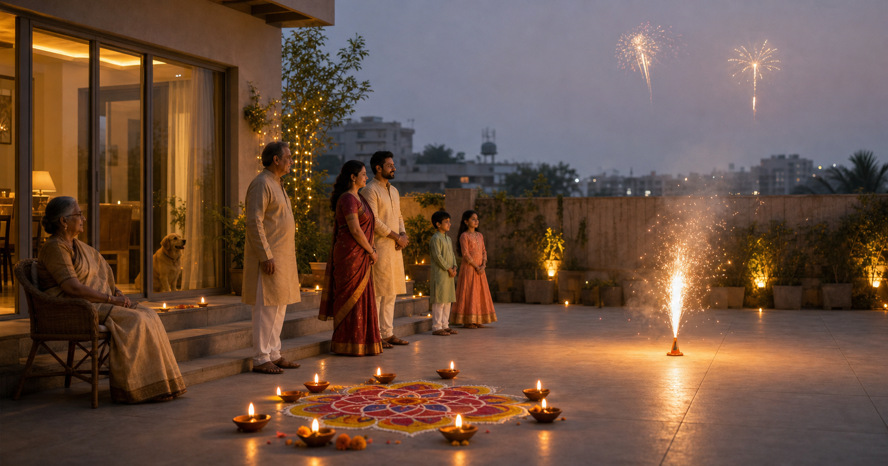 A multigenerational Indian family celebrates Deepavali with clay lamps and one supervised fountain firework while an elder watches from a distance and a dog remains safely indoors.