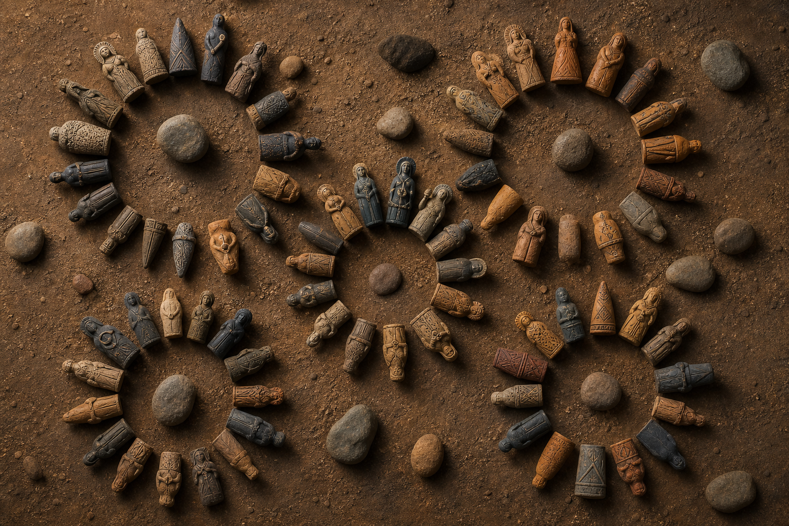 Overlapping circles of varied clay figures and stones are arranged on an earthen surface, with each circle containing a different combination of forms.