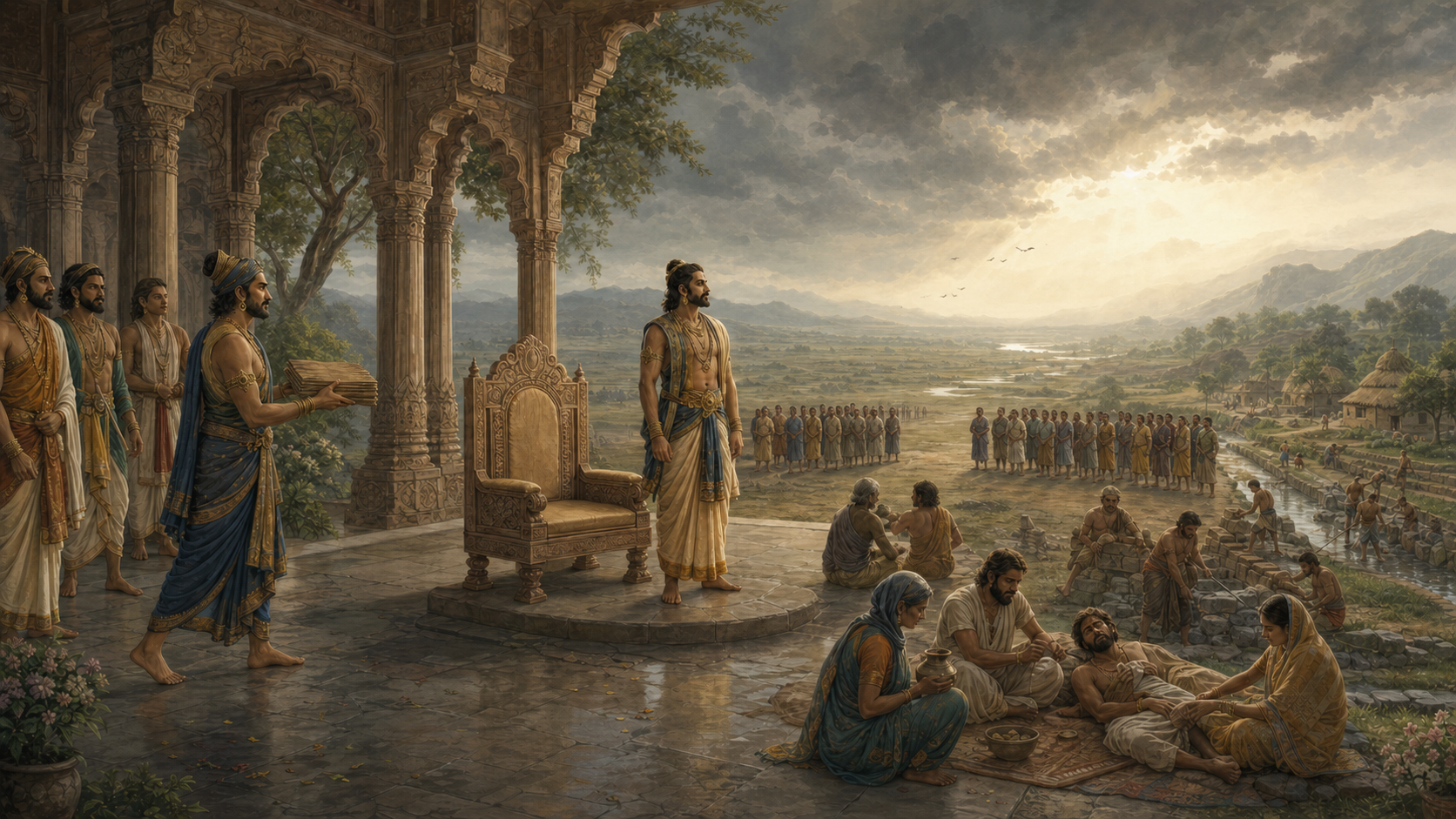 An ancient South Asian ruler, envoy, waiting armies, healers and village workers appear across a panoramic scene about ethical rule, diplomacy, war and reconstruction.