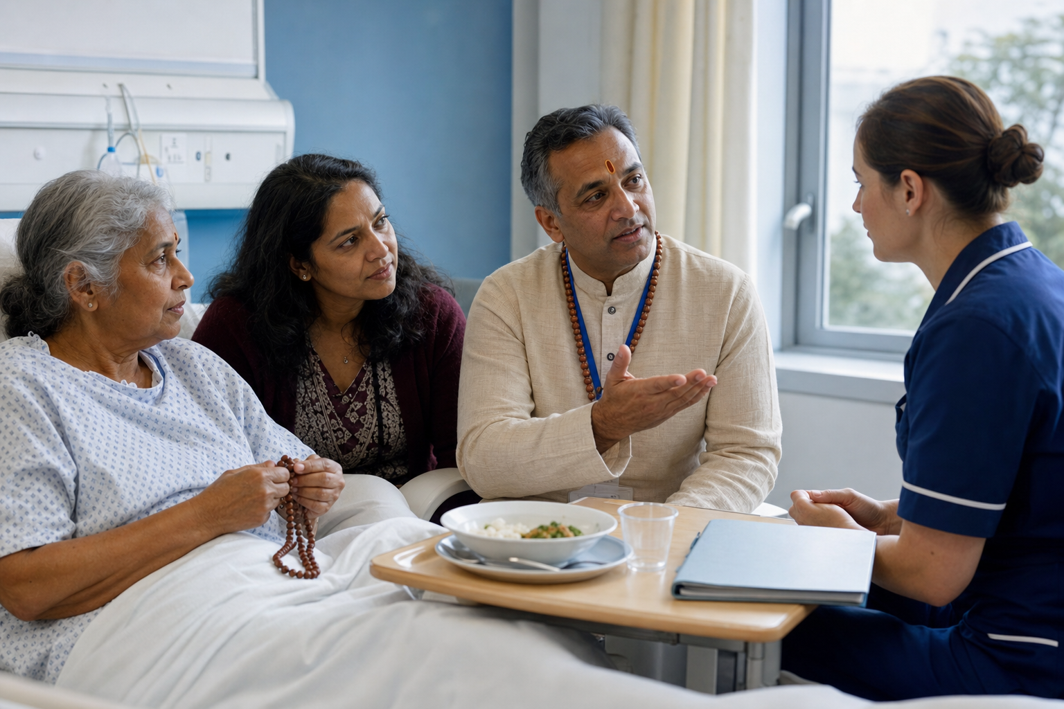 A Hindu chaplain helps a patient and relative discuss a religious care request with a hospital nurse.