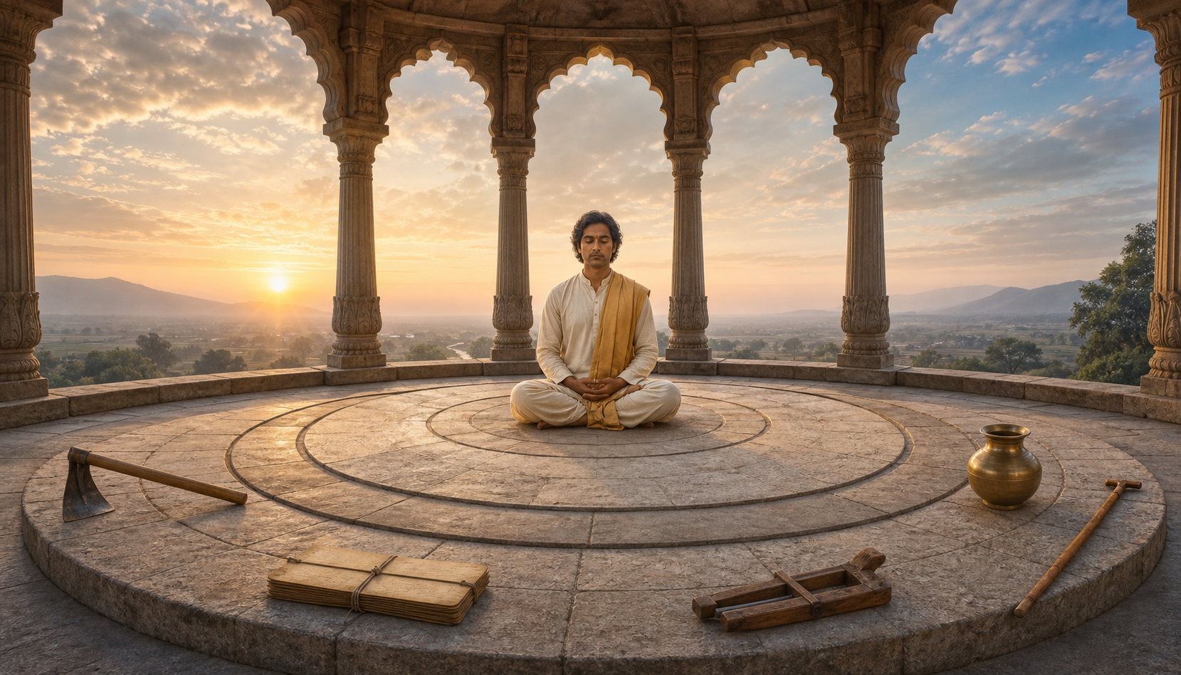 A person meditates in an open pavilion while objects representing different social roles and life stages rest around the perimeter beneath a wide dawn sky.