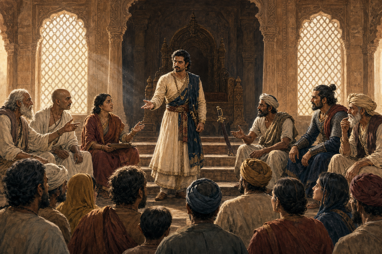 A ruler listens to advisers and citizens below a shadowed throne while a sheathed sword rests to one side in an ancient council hall.