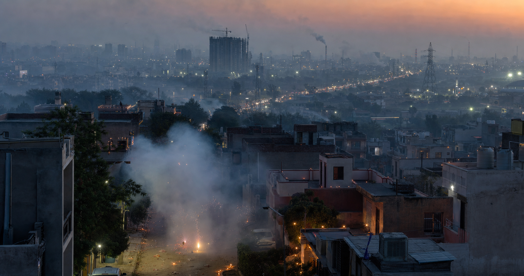 A residential lane has a localized cloud of firework smoke, while traffic, construction, generators, and distant industrial stacks sit beneath wider city haze.