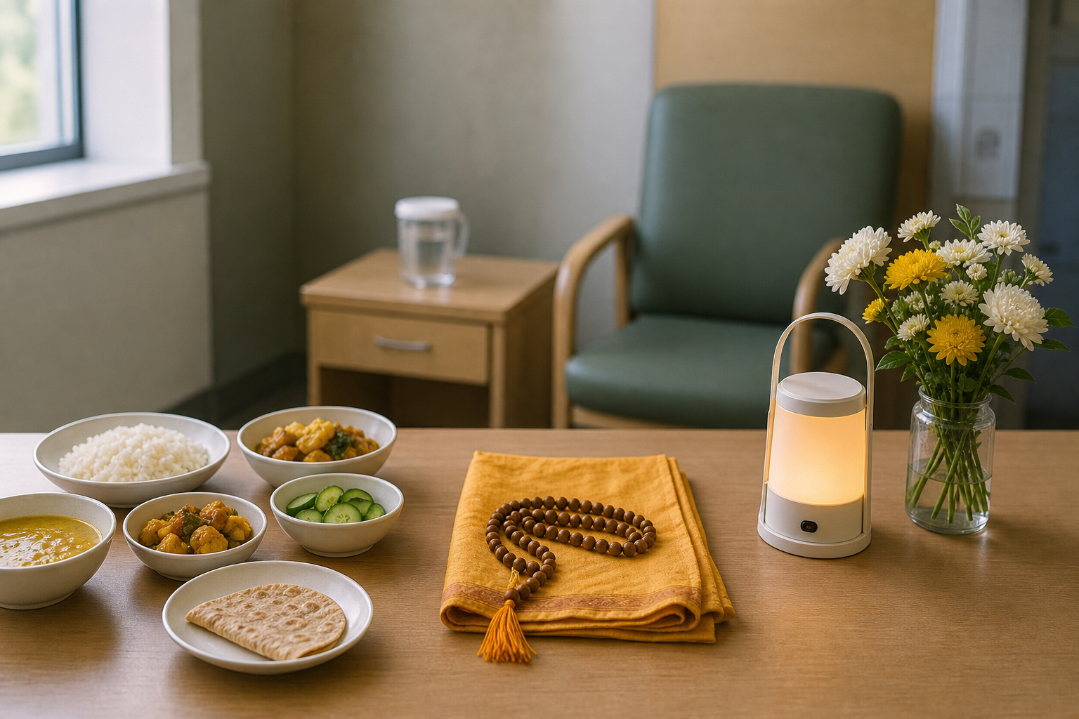 A vegetarian meal, prayer cloth, mala, flowers, and a flameless lamp arranged in a hospital spiritual-care room.
