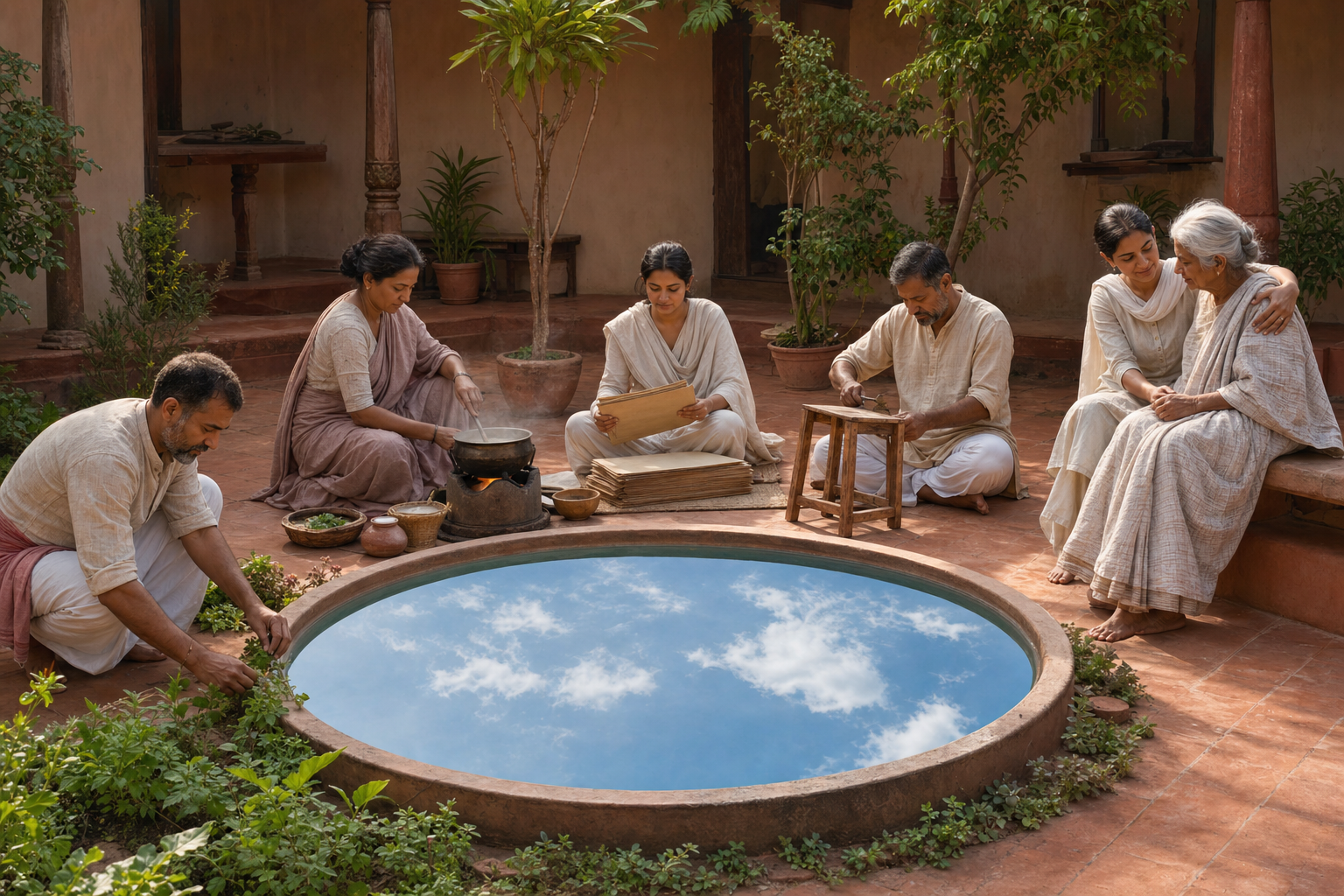Adults perform different household, caregiving, study, gardening, and craft tasks around a still courtyard pool that reflects the open sky.