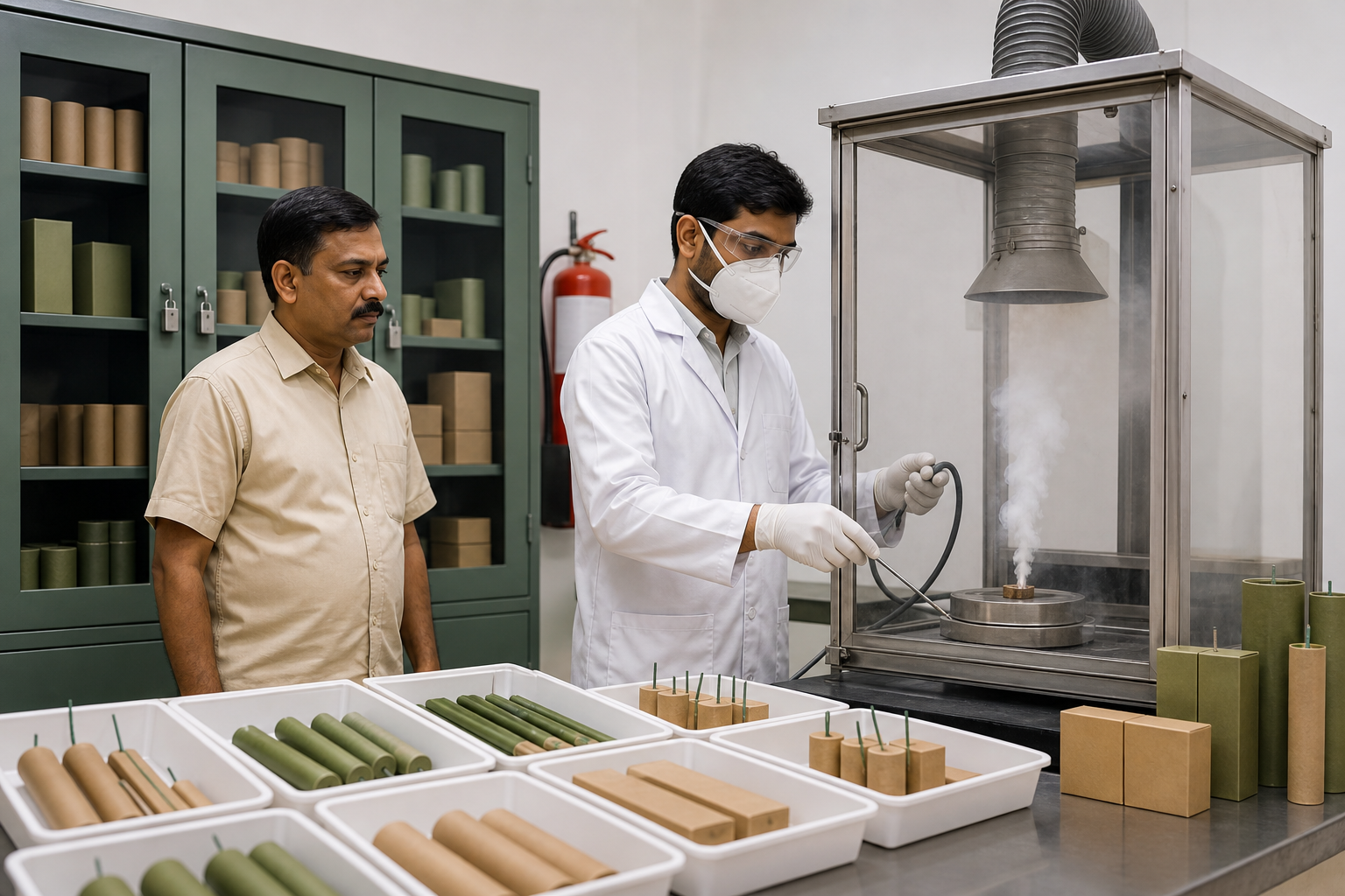 A safety technician tests smoke from a small firework in an extraction chamber while plain packaged fireworks are displayed in a regulated shop.