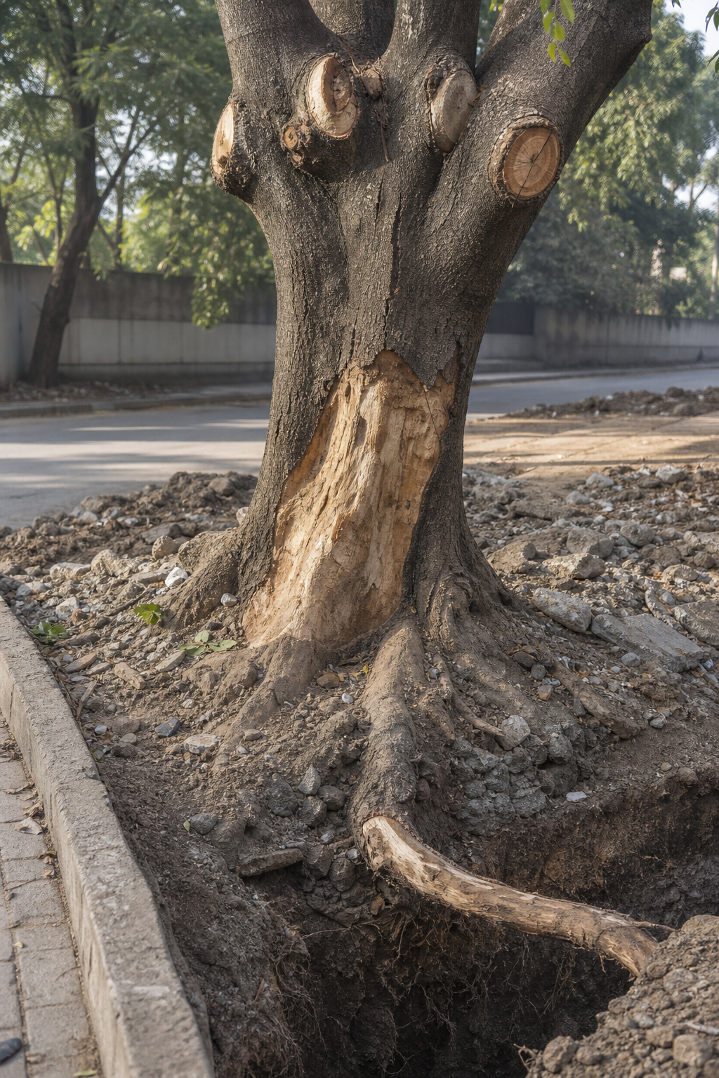 A street tree beside a construction trench has a severed root, scraped bark, compacted rubble and large pruning wounds.