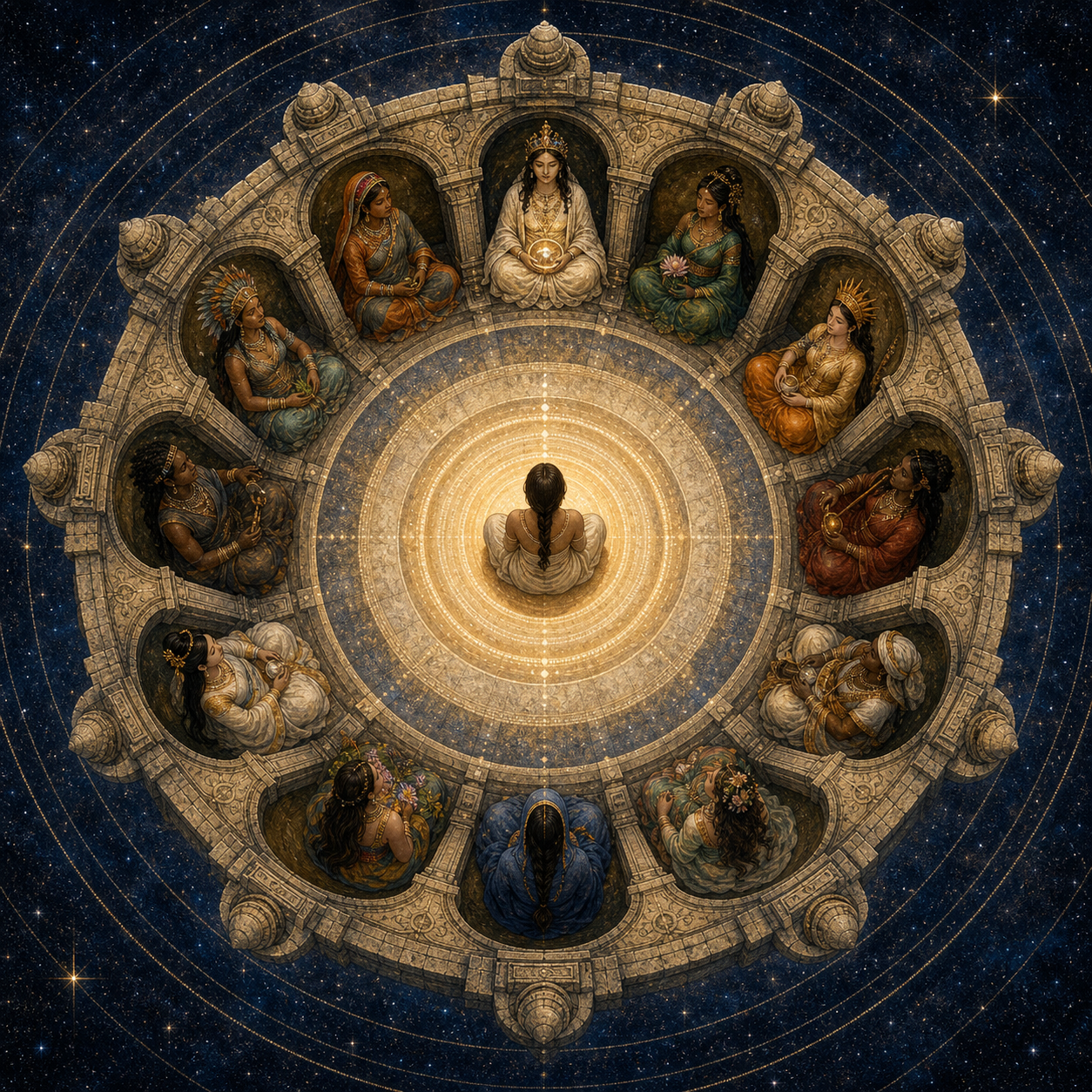 A seated figure occupies the center of a circular temple surrounded by female divine figures, with concentric light extending outward into a starry field.