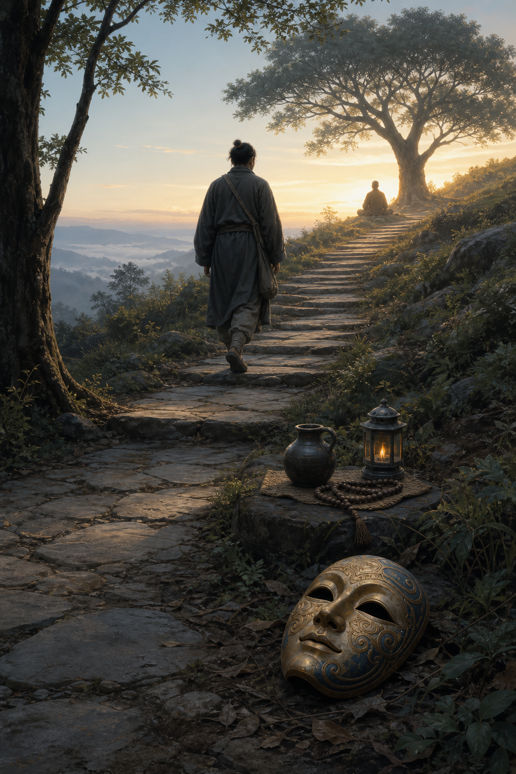 A seeker follows a rising forest path toward a seated contemplative while a decorative mask lies discarded beside the path.