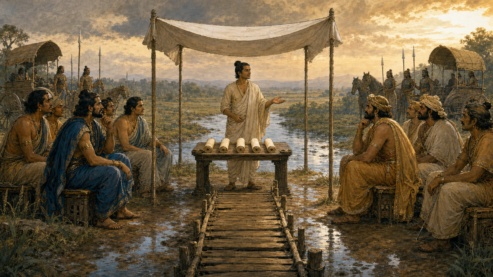 An unarmed envoy mediates between two rival delegations near a wooden bridge while soldiers wait in the distance with weapons grounded.