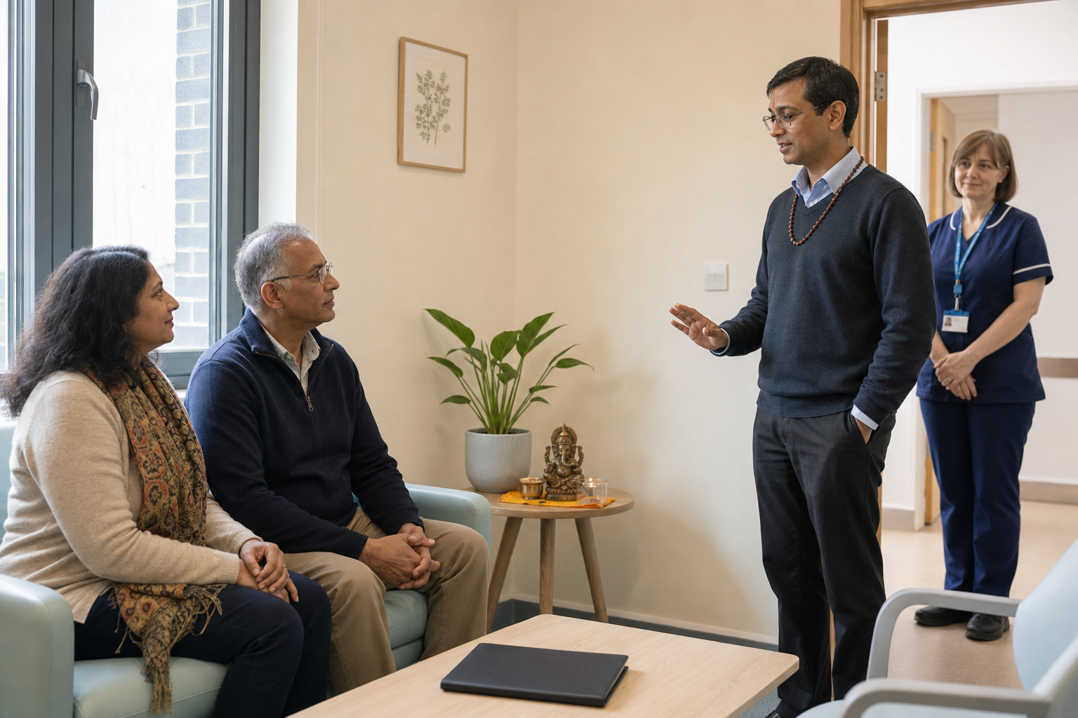 A Hindu chaplain speaks with a patient in the presence of a relative and clinician while maintaining respectful personal space.