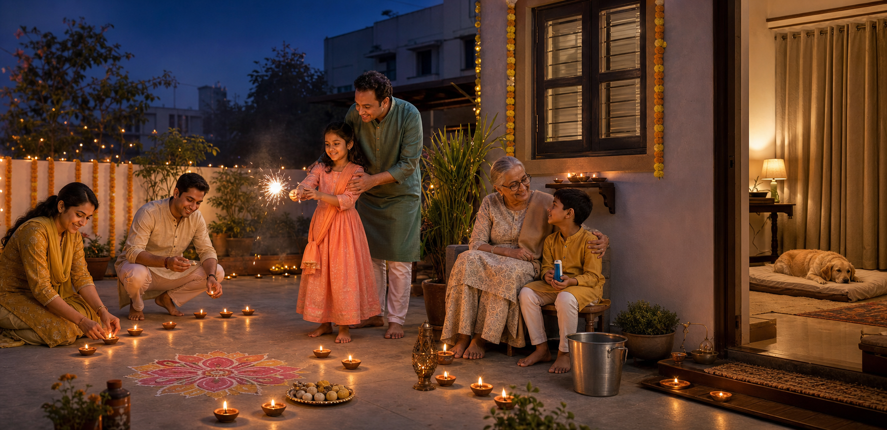 A family celebrates Deepavali with lamps and one supervised sparkler while an elder, a child with an inhaler, and a dog remain sheltered away from smoke.
