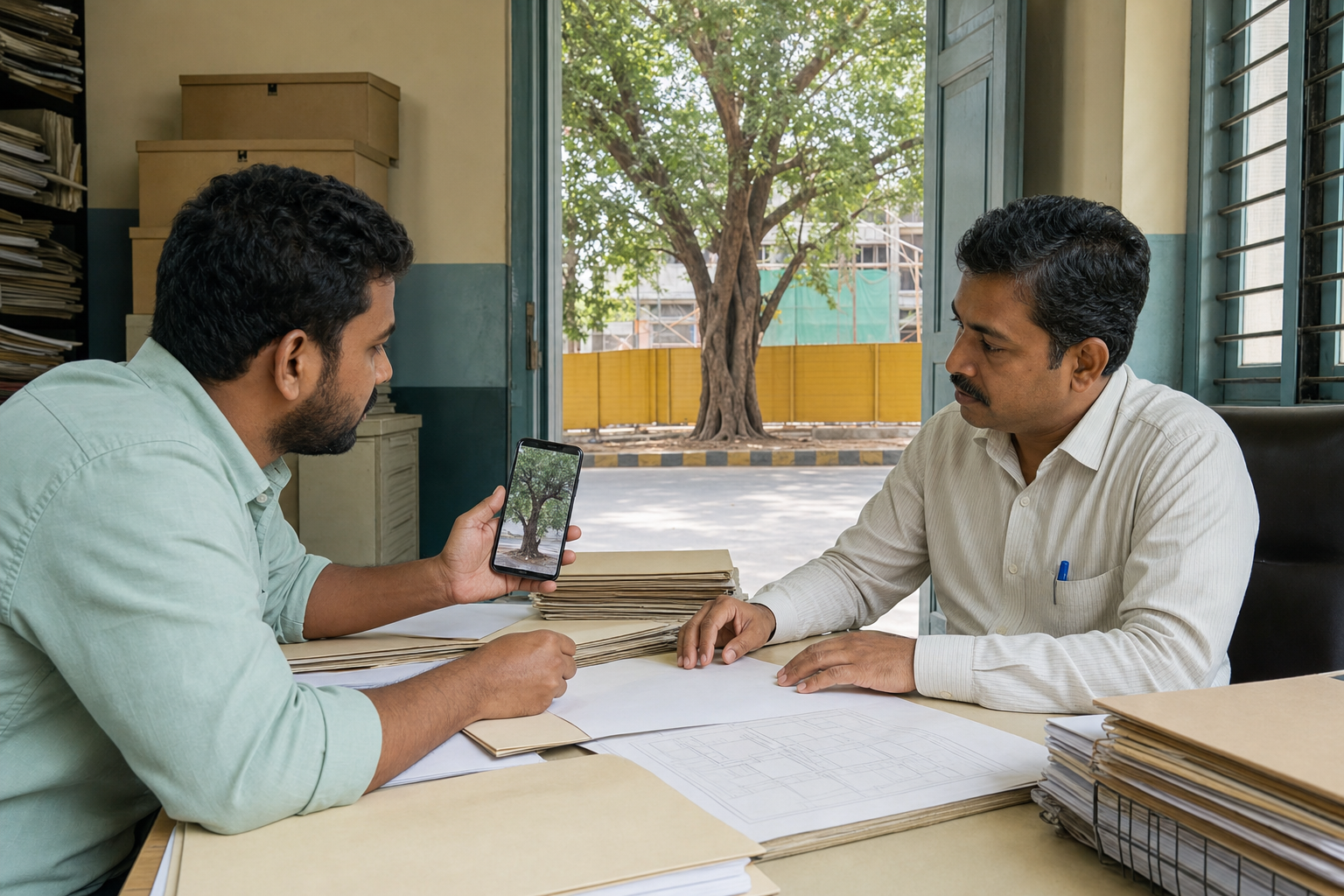 A resident and municipal clerk compare unmarked permit files with a photograph of a roadside tree at a ward office counter.