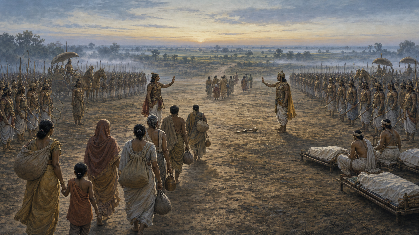 Two commanders signal restraint between waiting armies while medics stand ready and civilians leave the battlefield along an open route.